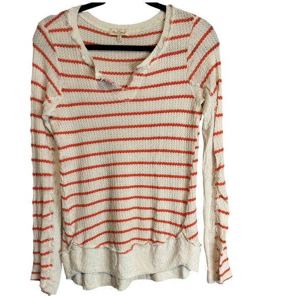 Red Camel Women's Coral Striped Waffle Knit Long Sleeve V Neck Henley Top Size S - Picture 1 of 4